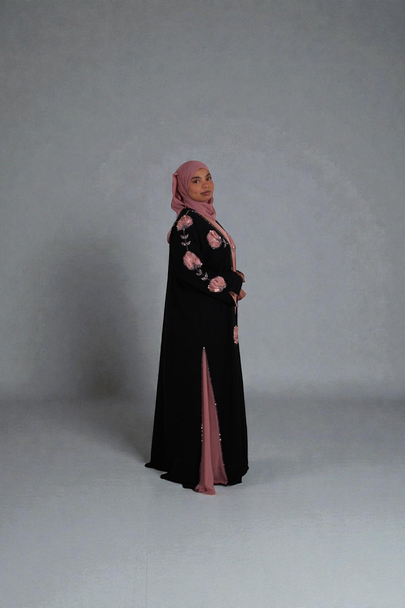 Black abaya with rose embroidery and pink lining