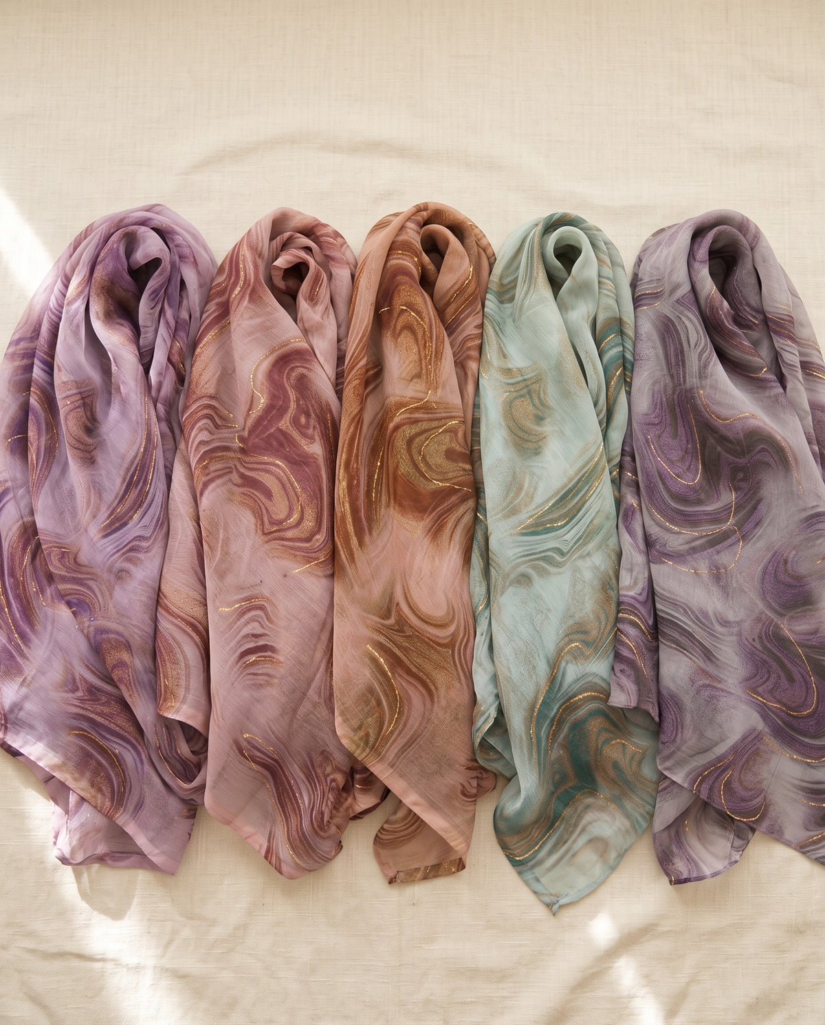 Chiffon Hijab Marble in all five colors: Lavender Mist, Maple Marble, Copper Vein, Sage Swirl, Misty Plum
