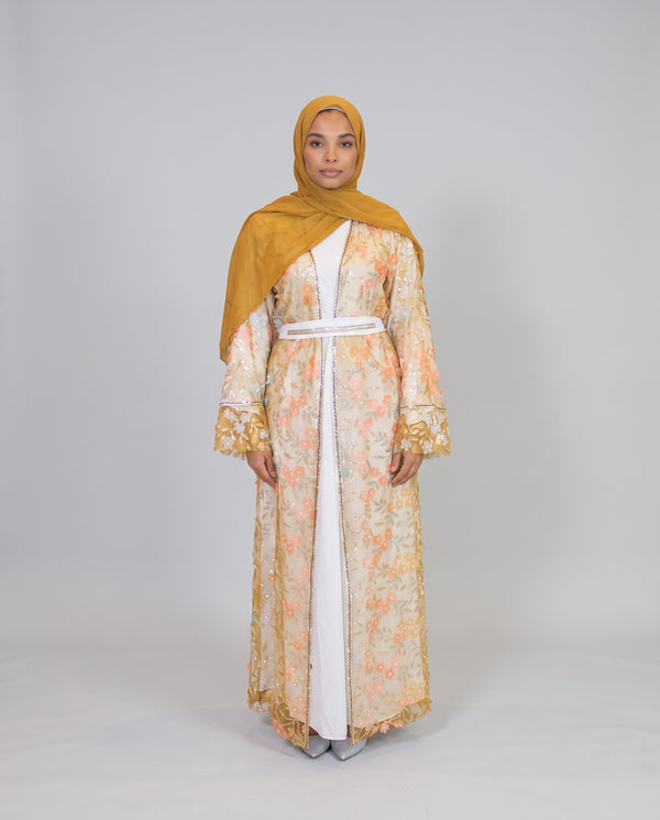 Yusra Abaya in Gold and White, front view
